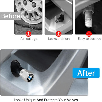 Tire Valve Stem Caps Cover for BMW X1 X3 M3 M5 X1 X5 X6 Z4 3 5 7 Series Metal Wheel Air caps Auto Valve Stem Caps Accessories 4 Pack Silver