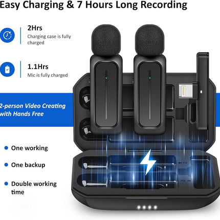 2 Pcs Wireless Lavalier Microphone for iPhone iPad Android with Charging Case 7H Clip on Lapel Microphone Wireless for Video Recording Vlogging, YouTube, Interview, 3 Mode Denoise, 70ft