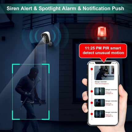 Security Cameras Wireless Outdoor, Battery Powered AI Motion Detection Spotlight Siren Alarm WiFi Surveillance Indoor Home Camera, Color Night Vision, 2-Way Talk, Cloud/SD Storage-White WiFi Camera