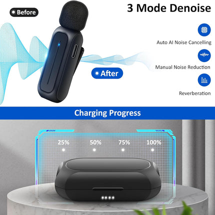 2 Pcs Wireless Lavalier Microphone for iPhone iPad Android with Charging Case 7H Clip on Lapel Microphone Wireless for Video Recording Vlogging, YouTube, Interview, 3 Mode Denoise, 70ft