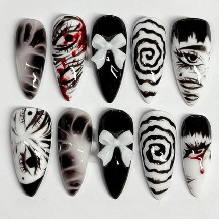 30Pcs Gothic Press on Nails Medium Almond Fake Nails Punk Cartoon Anime with Cute Bow Design Black White Full Cover Glue on Nails Horror Goth Designs Y2k False Nails for Women Acrylic Manicure Decor