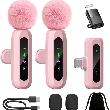 Upgraded Mini Microphone for iPhone Android/iPad PC with LED Display, Wireless Clip-On Mics, USB C Lavalier Microphone with Noise Cancelling (for Lightning-USB-C Port, Pink)