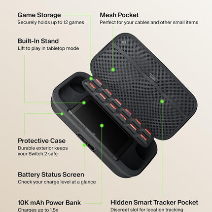 Belkin Charging Case Pro for Nintendo Switch 2, 10000mAh Power Bank, 30W Fast Charging w/Kick Stand - Custom Fit, Hard Shell Carrying Case, 12 Game Card Slots, AirTag Holder, Digital Display - Black