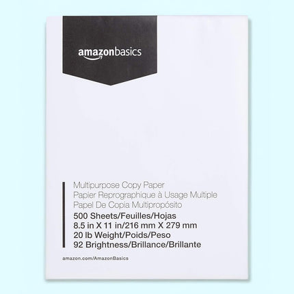 Amazon Basics Multipurpose Copy Printer Paper, 8.5 x 11 Inches, 20 lb, 92 Bright, White, 1 Ream (500 Sheets), Jam-Free