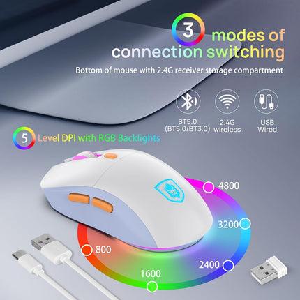 KOLMAX BT98 Wireless Keyboard and Mouse Combo,Triple Mode 2.4G/Wired/Bluetooth Gaming Keyboard and Mouse,Rechargeable Ergonomic RGB Backlit Light Up Keyboard Mouse with Knob for WinPC/Mac/Tablet White