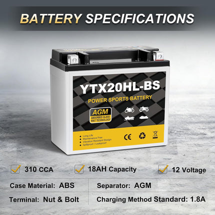 YTX20HL-BS Motorcycle Battery 12V 18Ah 310CCA, Maintenance Free Sealed AGM Powersport Battery, Replacement for ATV UTV Scooter, YTX20HL BS / ETX20L / GTX20HL-BS