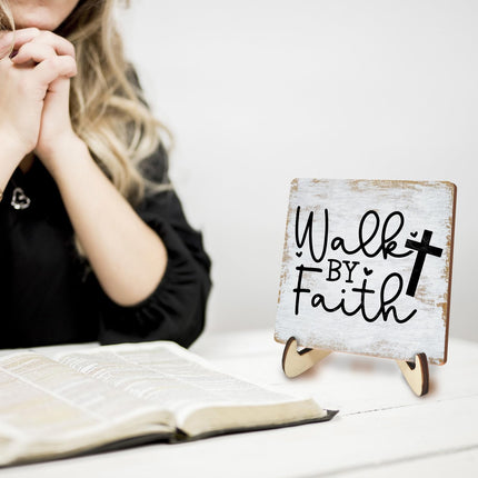 Motivational Sign Rustic Desk Decor Decorative Christian Gifts Religious Bible Verse Faith Decoration for Home Coffee Shop Office Table Shelf Tiered Tray Plaque with Wood Stand