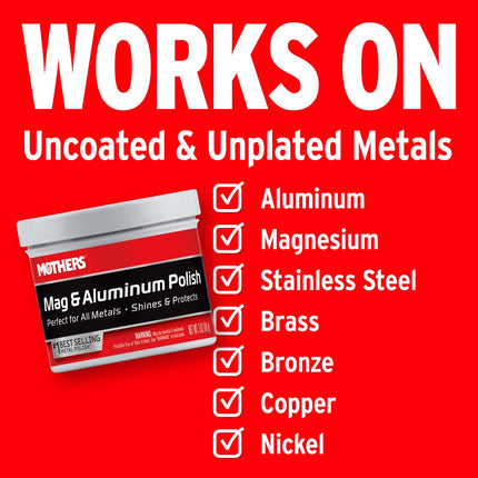 Mothers Mag & Aluminum Polish, 5 oz. — Brilliant Shine, Easy to Use, For All Uncoated & Unplated Metals Including Aluminum Wheels, Stainless Steel Trim and Exhaust Tips, Brass & More (05100)