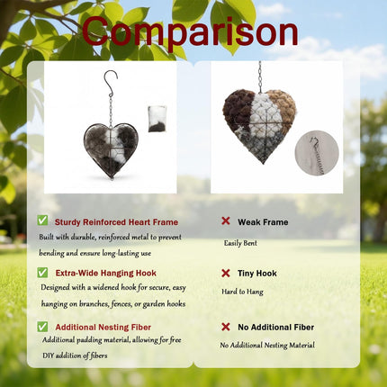 WesGen Handmade Bird Nesting Heart Refillable, 2 Bags Natural Bird Nesting Materials Included, Hummingbird Houses Winter Shelter & Garden Art Gift for Bird Lovers, Outdoor Garden Yard Decoration