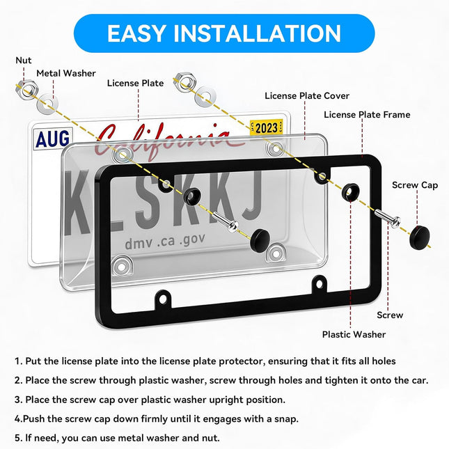 Clear License Plate Covers 2 Pack with Spare, Anti-Rattle Pads & Hardware