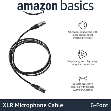 Amazon Basics XLR Male to Female Microphone Cable for Speaker or PA System, Recording Studio, All Copper Conductors, Low Noise Shielding, 6MM PVC Jacket, 6 Foot, Black