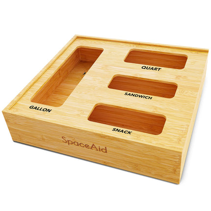 Bag Storage Organizer for Kitchen Drawer, Bamboo Organizer, Compatible with Gallon, Quart, Sandwich and Snack Variety Size Bag (1 Box 4 Slots)