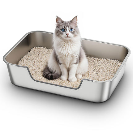 Stainless Steel Cat Litter Box with Low Entry, Metal Kitty Litter Box for Senior or Injured Cats, Odor-Free, Non-Stick, Easy to Clean, 17.5"x13.6"x5.9", Litter Pan for Medium and Small Cats