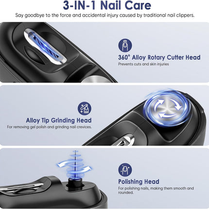 Electric Nail Clipper, Electric Nail Trimmer with Light and Nail Scraps Storage, Electric Toenail Clippers with Polishing, Rechargeable Electric Automatic Nail Clipper for Seniors, Women, Men (Black)
