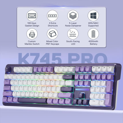 PRO Wireless Gasket RGB Gaming Keyboard, 108 Keys Mechanical Keyboard w/Extra 4 Hotkeys, Hot-Swap Socket, 5-Layer Noise Dampening, See-Through Round PBT Keycaps, Switch
