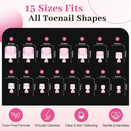 60Pcs Light Pink French Tip Press on Nails & Press on Toenails Set, Square Fake Nails Kit with Nail Glue, 15 Sizes Acrylic Full Cover Toe Nail Press Ons Stick on Nails for Women DIY Home Manicure