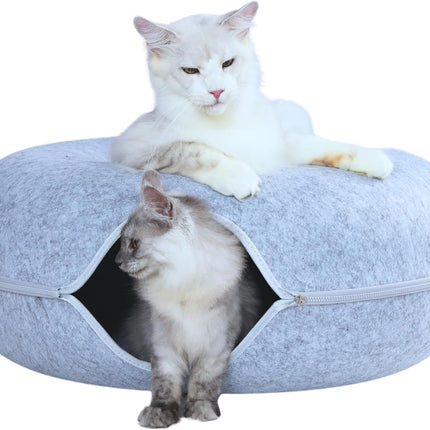 Cattasaurus Peekaboo Cat Cave Donut for Multiple & Large Cats up to 30-45 lbs, 3-in-1 Self Warming Cat Bed, Tunnel & Scratcher for Indoor Cats, Washable & Detachable Small Dog Bed (Light Gray, Jumbo)