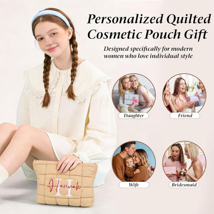 Personalized Puffer Quilted Makeup Bag with Embroidered Name, Custom Toiletry Cosmetic Pink Pouch for Girl, Monogram Travel Organizer for Women Bachelorette Party Bridal Wedding & Birthday Gifts