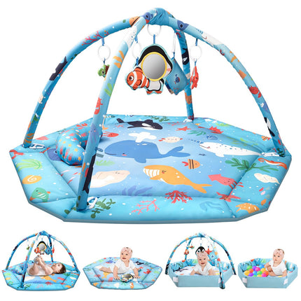 Baby Play Mat,Tummy Time Mat with 6 Detachable Toys-Activity Gym for Visual, Auditory & Motor Development-Washable Baby Activity Mat for 0-12 Month Infants(Animal Theme)