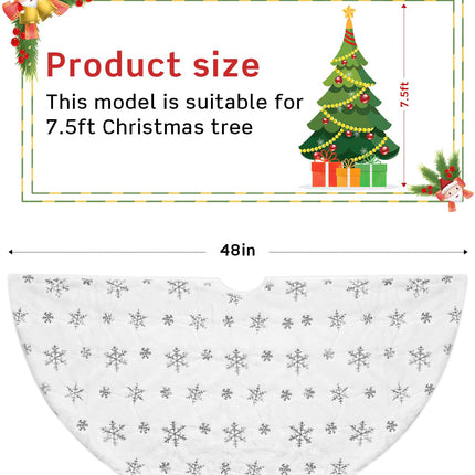 48 Inches Faux Fur Christmas Tree Skirt, Silver Sequin Snowflake