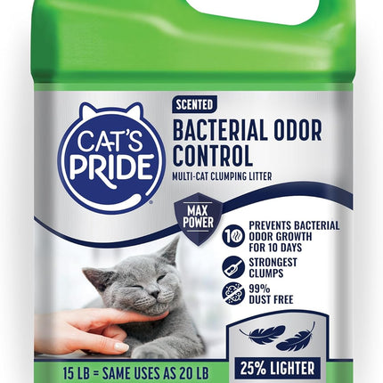 Cat's Pride Max Power: Bacterial Odor Control - Up to 10 Days of Powerful Odor Control - Strong Clumping - 99% Dust Free - Multi-Cat Litter, Scented, 15 Pounds