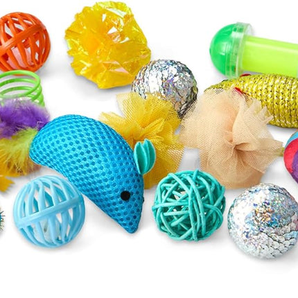 Amazon Basics Cat Toy Set, 20 Piece Variety Pack with Teaser, Ball, Feather, Spring