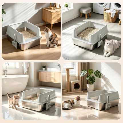 Stainless Steel Litter Box with Lid, High Sided Metal Litter Boxes