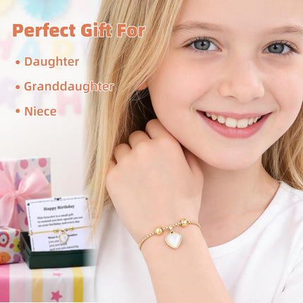 Birthday Gift Bracelet for Girls Age 4-13, 14K Gold Plated Heart Shell Bracelet, Adjustable Cute Jewelry for Daughter Granddaughter Niece, Meaningful Kids Birthday Jewelry Present