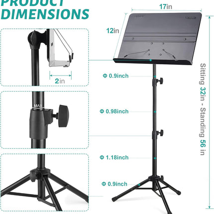 Vekkia Professional Portable Sheet Music Stand - Folding Adjustable Holder, with Carrying Bag, Sturdy for Instrumental Performance, Band & Travel