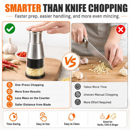 Manual Food Chopper, Stainless Steel Hand Press Vegetable and Garlic Mincer