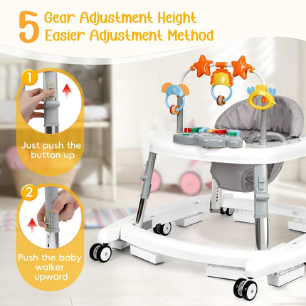 5 in 1 Baby Walker Foldable Music and Lights with 5 Adjustable Heights, Baby Walker with Wheels Portable, Infant Toddler Walker for Baby Boy Girls 6-18 Months (White)