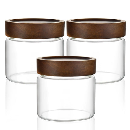 28 fl oz/850 ml Clear Glass Storage Canister with Airtight Wooden Screw Lid, Medium Cute Decorative Glass Container Jar for Coffee,Candy,Salt,Cookie,Condiment,Pepper,Sugar,Overnight Oatmeal