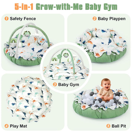 5-in-1 Baby Gym Play Mat with Cartoon Pattern, Extra Thick Plush Tummy Time Activity Gym with Hanging Toys, Sensory Development & Motor Skills Training Floor Mat, Dinosaur