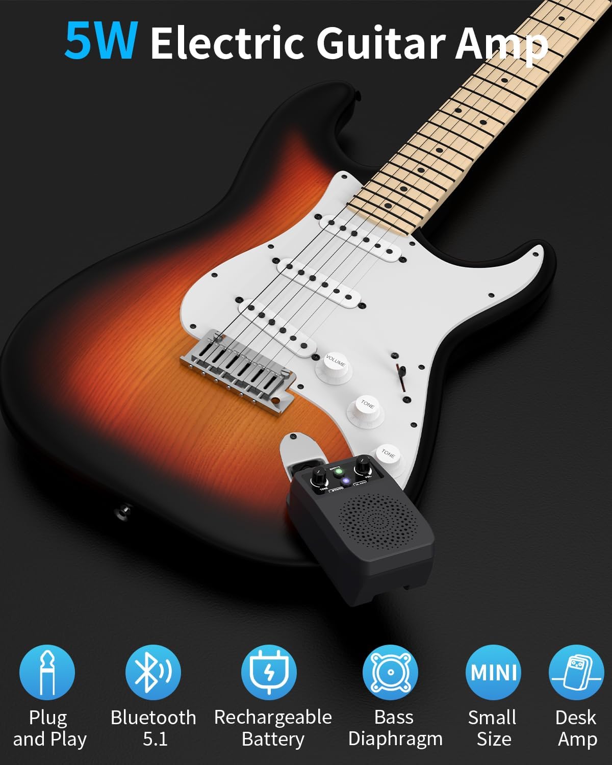 5W Portable Plug-In Practice Electric Guitar Amplifier with Bluetooth - photo 2