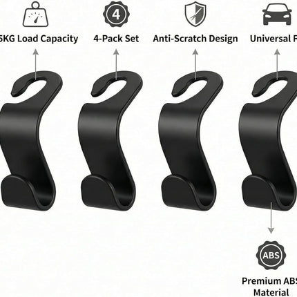 4 Pack Car Seat Headrest Hooks - Universal Back Seat Hanger for Purses, Grocery Bags, and Handbags - Stylish Black Car Organizer Hooks for Interior Storage, Easy Installation, Fits Most Vehicles