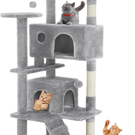 Sweetcrispy 54 Inch Cat Tree Tower, Multi-Level Tower with Cat Scratching Post, Indoor Cat Condo with Climbing Ladder, Plush Toy, Play House for Cat, Light Grey