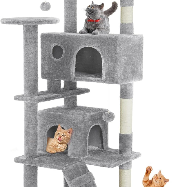54 Inch Cat Tree Tower, Multi-Level Tower with Cat Scratching Post, Indoor Cat Condo with Climbing Ladder, Plush Toy, Play House for Cat, Light Grey