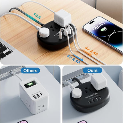 Short Extension Cord Black - Extension Cord 5 Feet, 1625W Power Strip 3 Prong with 3 AC Outlet 4 USB (24W/4.8A), Bedside Charging Station for Home, Office and Dorm