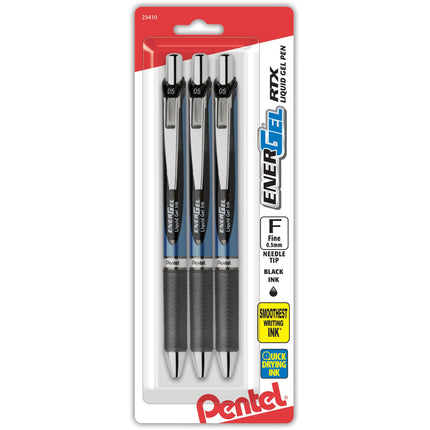Bolígrafo de gel líquido retráctil EnerGel RTX, (0.5mm), línea fina, punta de aguja, tinta azul, pack de 3 (BLN75BP3C)