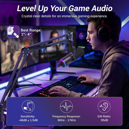 TONOR Dynamic Gaming Microphone, XLR/USB Mic Streaming, AI Noise Cancellation, Controlable RGB, Tap Mute, 3.5mm Headphone Jack, Volume Control, Microfono with Boom Arm, Black, TD510 AIR S H+