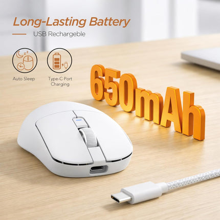 RK ROYAL KLUDGE RK MO3 Wireless Gaming Mouse, 48g Lightweight Computer Mouse, Bluetooth/2.4G/Wired Rechargeable PC Game Mice with Programmable Buttons and Silent Clicks, 6000 DPI for Laptop/Mac, White