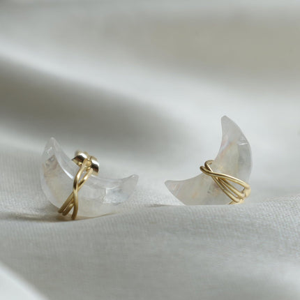 Gempires Gemstone Half Moon Stud Earrings for Women | Gold Wire Wrapped Push Back Studs | Minimal Celestial Jewelry | Handmade Everyday Gift Earrings | Citrine, Emerald, Amethyst & More Options