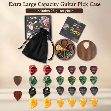 Walnut Wood Guitar Pick Holder with 26 Guitar Picks & Greeting Card
