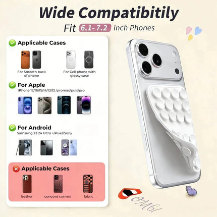 Upgraded Double Sided Silicone Suction Cup Phone Case Mount, Sticky Phone Grip Holder for Hands-Free Selfes & Videos, Reusable Silicone Phone Suction Grip for iPhone & Android, White