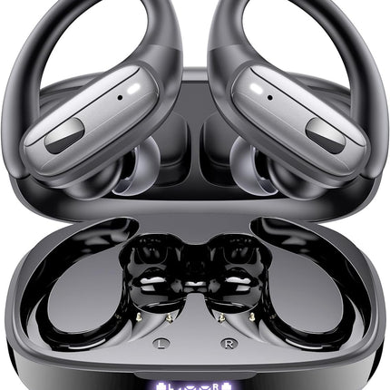 LEEMC Wireless Earbuds, Bluetooth Headphones 5.4, Ear Buds with Hooks for Sports, 80Hr Playtime Earphones, LED Display, IPX7 Waterproof Headset for Workout Running, Charcoal