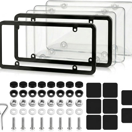 Clear License Plate Covers 2 Pack with Spare, Anti-Rattle Pads & Hardware