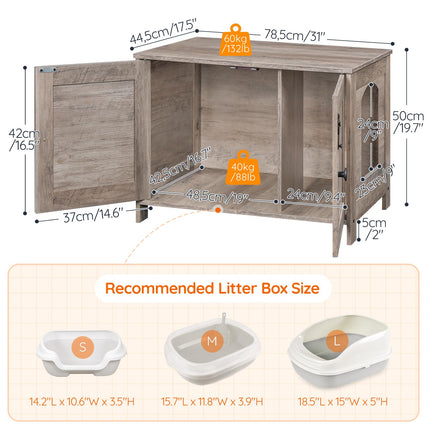 Litter Box Enclosure, Cat Litter Box Furniture with Removable Divider, Large Hidden Litter Box Furniture, Wooden Cat House, End Side Table, 31" L x 17.5" W x 19.7" H, Greige BG03MW01G2