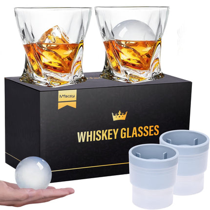 Old Fashioned Whiskey Glasses Set of 4 (2 Crystal Bourbon Glasses, 2 Round Big Ice Ball Molds 11 Oz Rocks Glass with Gift Box, Barware for Scotch Cocktail Rum Vodka Liquor, Gifts for Men