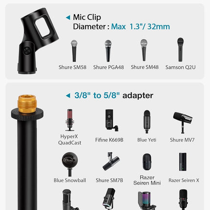 InnoGear Desktop Microphone Stand, Upgraded Adjustable Table Mic Stand with Mic Clip and 5/8" Male to 3/8" Female Screw for Blue Yeti Snowball Spark & Other Microphone