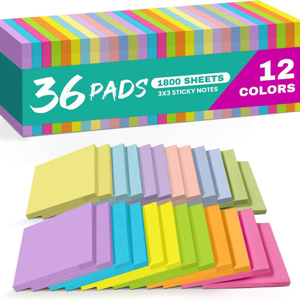 Sticky Notes, 36 Pads, 3x3 Inches Self-Stick Note Pads, Perfect for Office, Study, and Daily Life Organization - Bright
